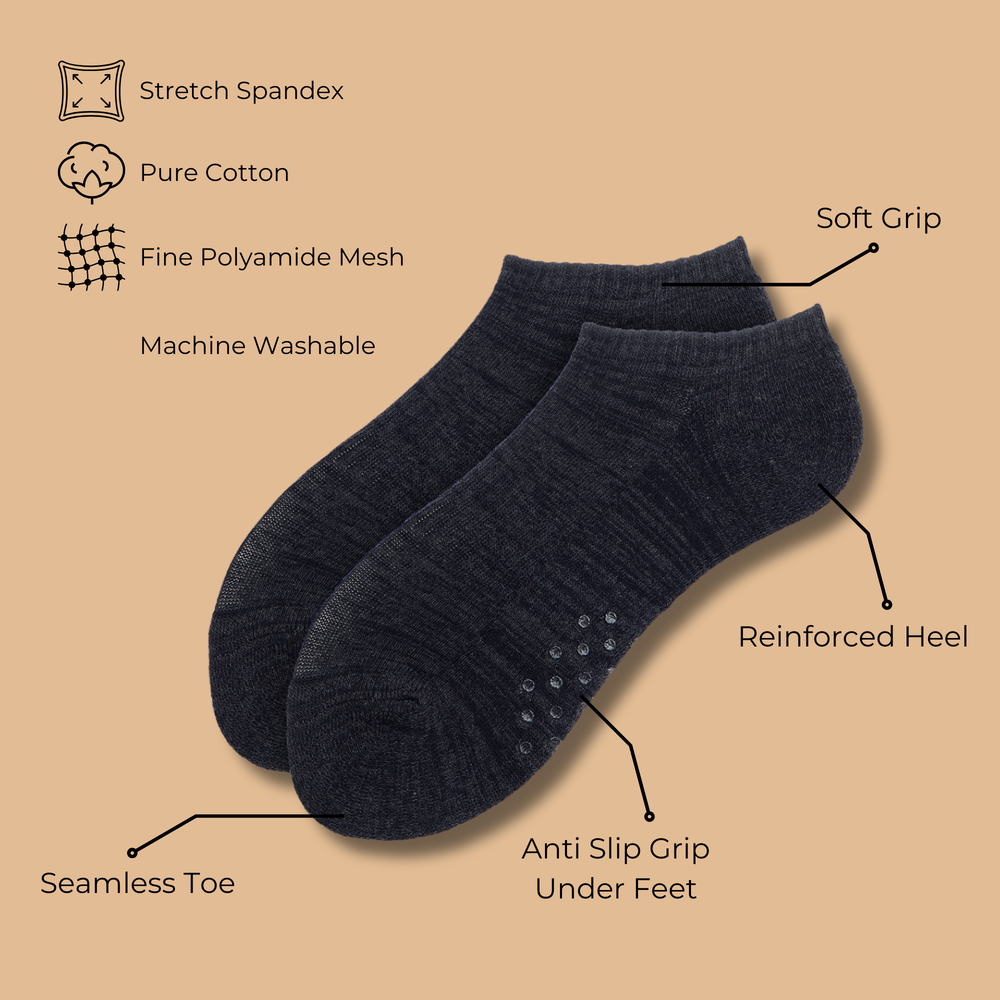 NoSlip Zone Basics Pack of 3 Pairs | Grippers | Ankle Socks