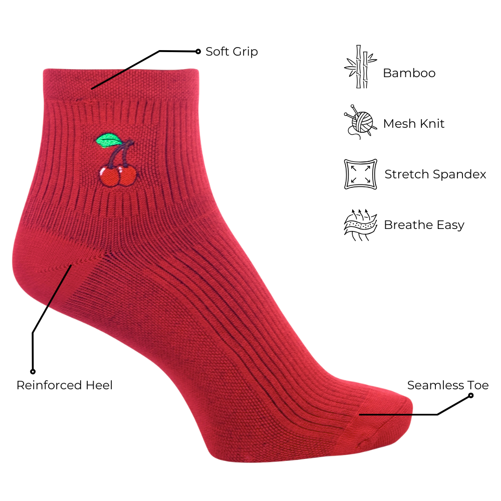 Mon Cherrie Cherry-Themed Bamboo Ankle Socks
